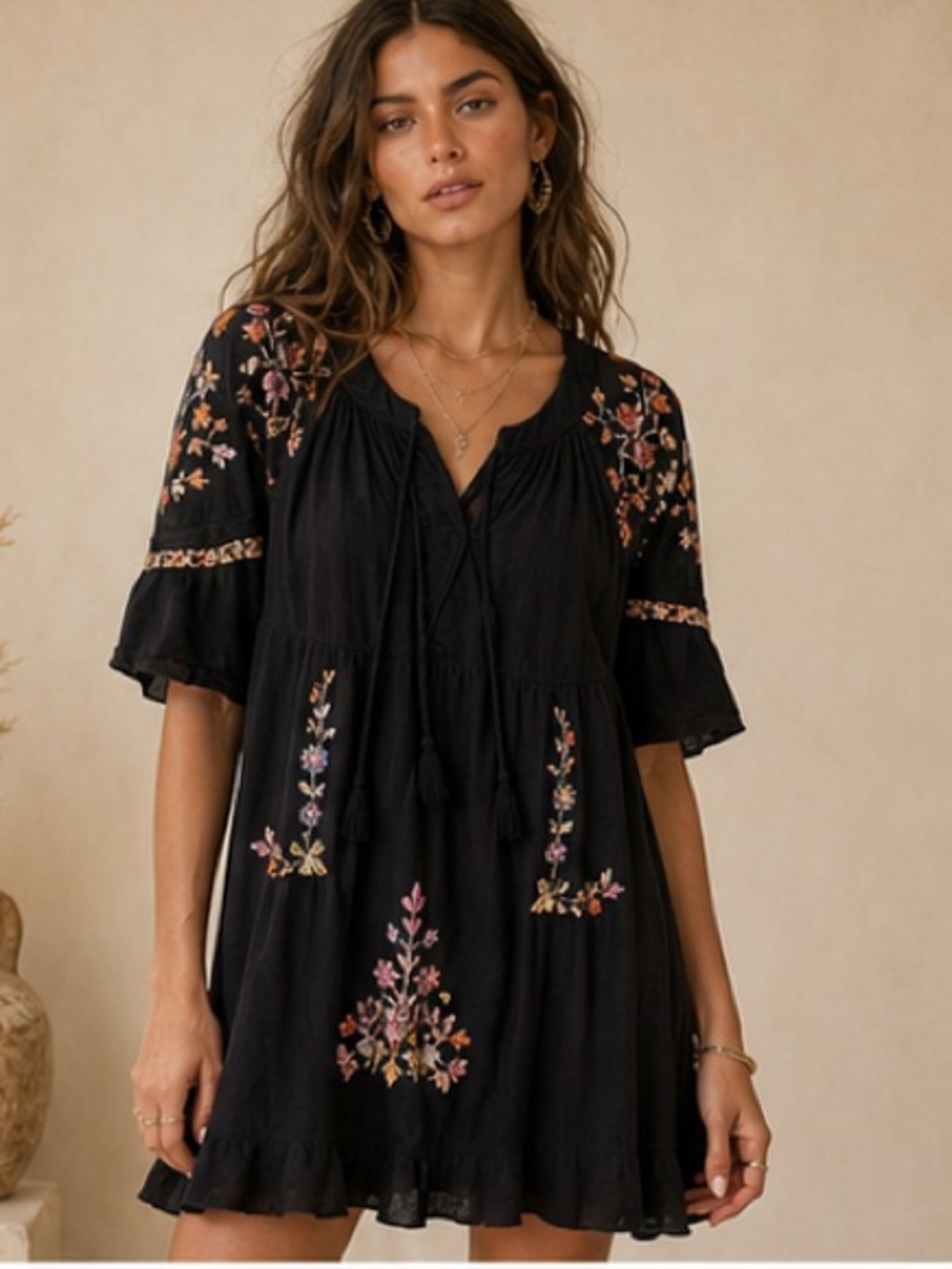 FP Pavlo Black Embroidered Flutter Sleeve Tunic Dress - Purple & Peach Floral